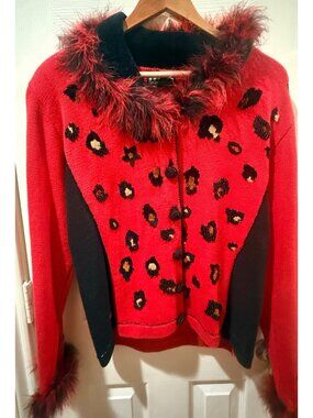 Vintage Red Leopard Print Cardigan Sweater With Faux Fur Collar & Cuffs By Takak